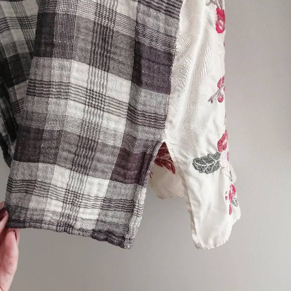 Johnny Was Hisako Embroidered Silk Button Blouse XS Plaid Japanese Floral Bird - Picture 8 of 17